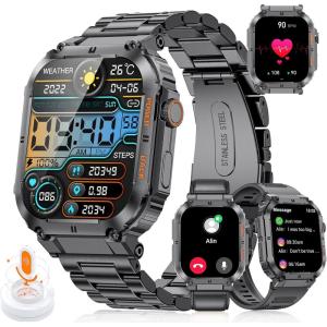 imageLIGE Military Smart Watch for Men 3 Straps Fitness Tracker with 100SportsHeart RateSleep5 ATM 196quot Tactical Smart Watches Mens Smart Watch MakeAnswer Call Compatible Android iPhoneBlack SteelSiliconeLeather