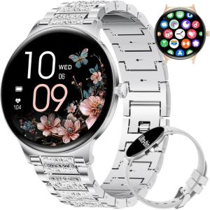 imageLIGE Smart Watch for Women2 Bands 143quot HD AMOLED Slim Smartwatch for Android iOSFitness Tracker with 120 Sport ModesIP68 WaterproofSleep MonitorSilverFV12B
