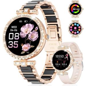 imageLIGE Smart Watches for Women with Diamonds for Android iOS 119quot AMOLED Smartwatch with 247 Heart Rate Sleep Monitor IP68 Waterproof MakeAnswer Call 110 Sport Modes Ceramic Strap GoldampampBlack
