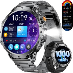 imageLIGE Military Smart Watches for Men3 Bands1000mAh185 HD Large Screen Smartwatch Flashlight110 Sports ModesIP68 WaterproofSleep Monitor Fitness Tracker Watch for Android iOSJet BlackEF13E