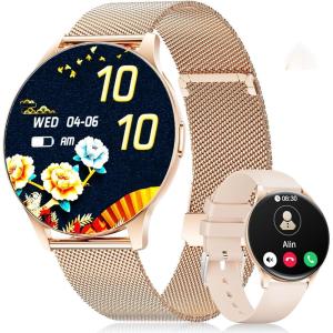 imageLIGE Smart Watch for Women 143 AMOLED Screen Smartwatch with AnswerMake Call for iPhoneAndroidSamsungFitness Tracker with 120 Sport Modes SleepHealth Monitor IP68 Waterproof2 BandsSilverGold Mesh  Aprikose Silikon