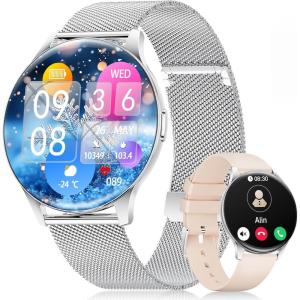 imageLIGE Smart Watch for Women 143 AMOLED Screen Smartwatch with AnswerMake Call for iPhoneAndroidSamsungFitness Tracker with 120 Sport Modes SleepHealth Monitor IP68 Waterproof2 BandsSilverSilber Mesh  Aprikose Silikon